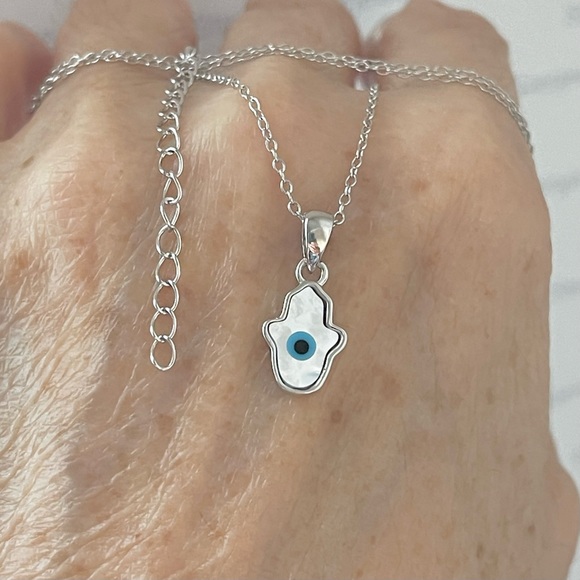 Sterling Silver Mother of Pearl Blue Evil Eye Hamsa Necklace, Silver Necklace - Picture 7 of 11